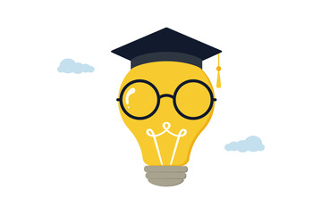 Genius bright lightbulb wearing eyeglasses and graduation hat or mortar board. Education or knowledge is power to build creativity, idea or solution, academic or training course concept.