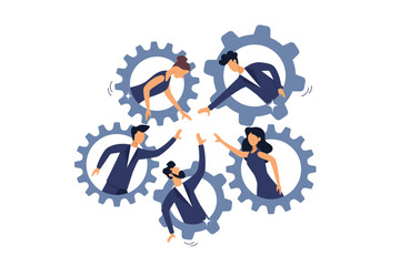 Cooperation concept, businessman woman, people on gear cogwheel working together. Team working together, teamwork, organization or employee collaboration for success, community or meeting agreement.