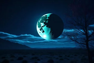 Tuinposter Volle maan en bomen Moon in night on sea