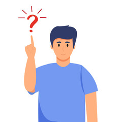 Young Man with a question a white background.  Man thinking, doubting, making choice, decision between two options, solving problem, deciding. Graphic Design Vector Illustration in a Cartoon Style