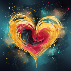 Watercolor artwork of an abstract heart, in yellow and red with a green background. Concept design illustration.