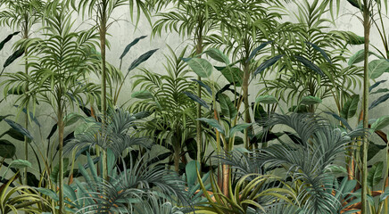 Tropical plants and trees, art drawing on a textured background, photo wallpaper for the interior.