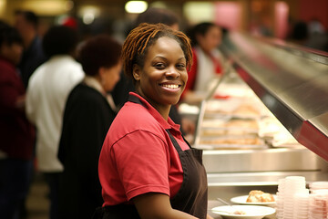 A woman standing confidently in front of the counter in a bustling restaurant, placing her order and paying for her meal.
