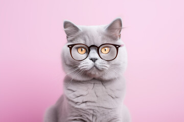 Closeup portrait of funny grey cat in pink sunglasses isolated on on a pink background . Design for animal day, advertising with place for text, copyspace