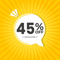 45% off. Discount vector for sales, labels, promotions, offers, stickers, banners, tags and web stickers. New offer. White discount balloon emblem on yellow background.