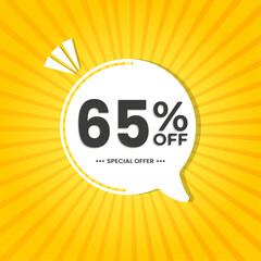 65% off. Discount vector for sales, labels, promotions, offers, stickers, banners, tags and web stickers. New offer. White discount balloon emblem on yellow background.