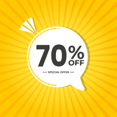 70% off. Discount vector for sales, labels, promotions, offers, stickers, banners, tags and web stickers. New offer. White discount balloon emblem on yellow background.