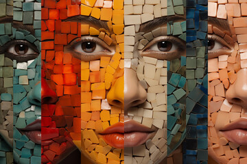 Collage of beautiful female faces made of colorful mosaic blocks. Art mosaic concept - obrazy, fototapety, plakaty