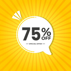 75% off. Discount vector for sales, labels, promotions, offers, stickers, banners, tags and web stickers. New offer. White discount balloon emblem on yellow background.
