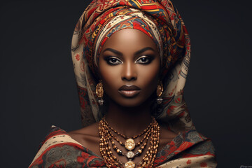 Portrait of a beautiful African woman in headscarf on dark background - obrazy, fototapety, plakaty