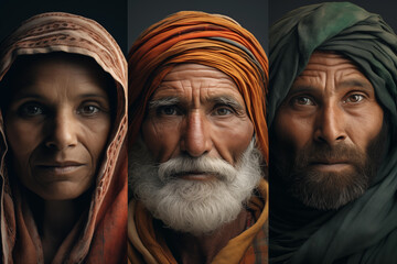 Portrait of an old Muslim man and woman in a headscarf - obrazy, fototapety, plakaty