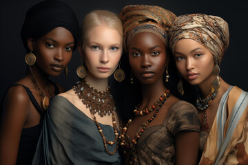 Obraz premium Four different ethical women in traditional clothing and headscarf. Fashion shot.