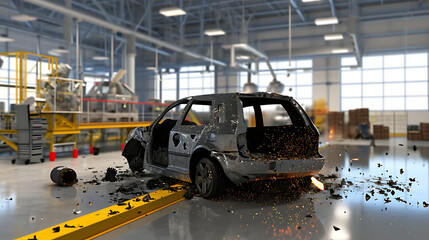 Um teste de colisão controlada em uma instalação de testes automotivos demonstrando avaliações de segurança e engenharia na indústria automotiva