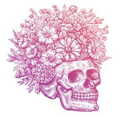 Human skull with flowers. Hand drawn vector illustration