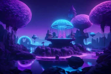 Foto auf Acrylglas Violett Neon landscapes with floating islands