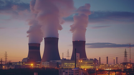 Um tiro controlado de uma usina nuclear com reatores e torres de resfriamento enfatizando a tecnologia complexa e a infraestrutura na energia nuclear - obrazy, fototapety, plakaty