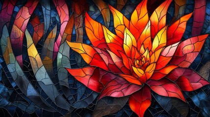 Stained glass window background with colorful lotus flower abstract.	
