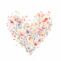 Watercolor heart made of flowers in pastel color on white background. Spring or Valentine day card.