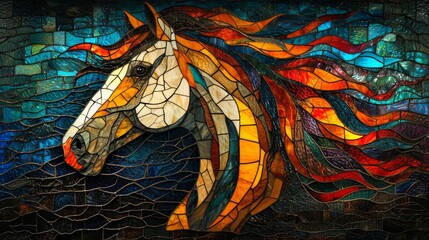 Stained glass window background with colorful horse abstract. - obrazy, fototapety, plakaty