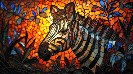 Fototapeta na wymiar Stained glass window background with colorful zebra abstract.