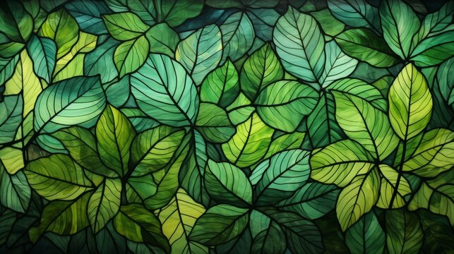Stained glass window background with colorful green leaf abstract.