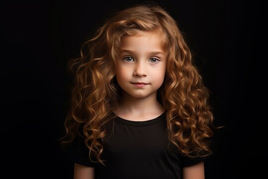 Portrait of a beautiful little girl with long curly hair on a black background.