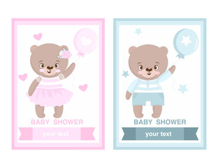 Baby shower invitations. Baby shower girl, boy. Watercolor style. Vector illustration. Cute baby bear with balloon. Set, collection. Pink, blue. Design, template. Baby shower greeting card