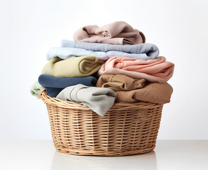 Fototapeta premium Large stack of clean clothes in basket isolated on white background.