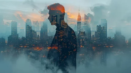 Fotobehang A digital art piece merging the silhouette of a businessman with a bustling city skyline, symbolizing ambition and urban life © Kanisorn