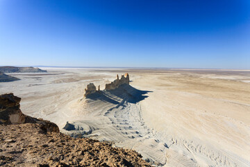 Stunning Mangystau landscape, Kazakhstan. Ak Orpa pinnacles aerial view, Bozzhira valley