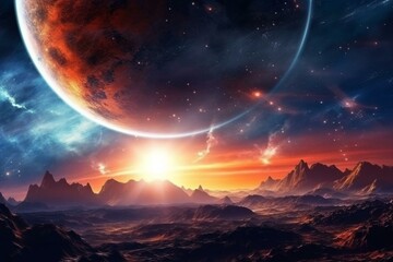 Beautiful sunrise with planets in space. Generative AI