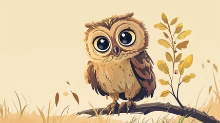 Tuinposter  a painting of an owl sitting on a tree branch with a branch in the foreground and a branch in the foreground with leaves in the foreground, on a beige background. © Anna