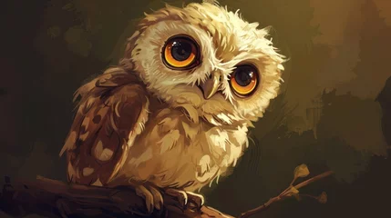 Photo sur Plexiglas Dessins animés de hibou  a close up of an owl sitting on a tree branch with a yellow and white dot pattern on it's face and yellow eyes, with a dark background.