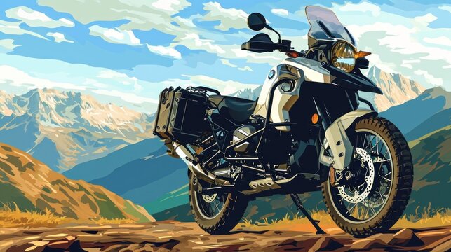  a painting of a motorcycle parked on the side of a road with mountains in the back ground and clouds in the sky over the top of the top of the mountains.