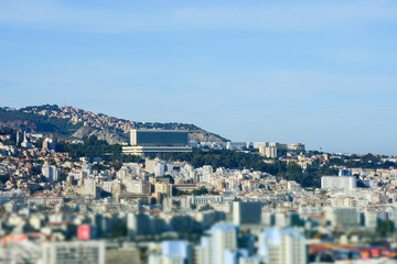 Naklejka premium High-angle view of Aurassi Hotel on the top of Algiers city. Algeria.