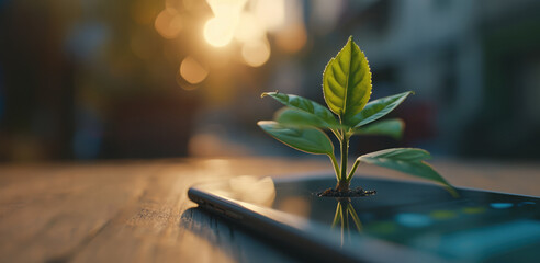 Generative AI, Plant growing from the smartphone screen. Ecology and environment concept - obrazy, fototapety, plakaty