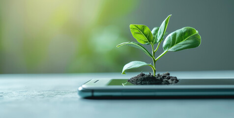 Generative AI, Plant growing from the smartphone screen. Ecology and environment concept