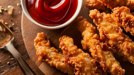 Delicious crispy fried breaded chicken nuggets strips .
