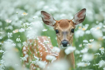 Fototapete a deer in a field of white flowers selective focus © Miftakhul Khoiri