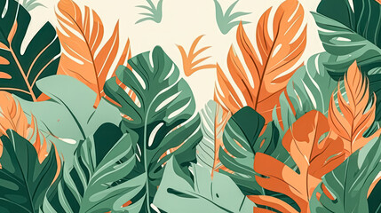 Watercolor exotic leaves on a soothing beige background - obrazy, fototapety, plakaty