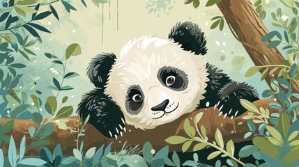  a panda bear sitting on top of a tree branch in the middle of a forest with lots of green leaves and a branch sticking out of it's head.