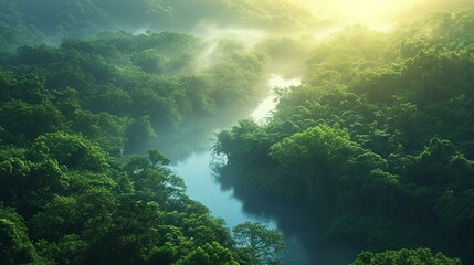 A serene river winding through a lush forest, with the first rays of dawn filtering through the canopy of trees. [Forest river at dawn]