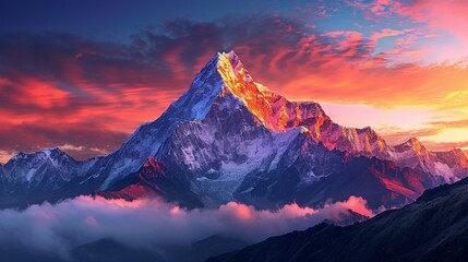 A mountain peak bathed in the warm hues of dawn, creating a breathtaking and majestic scene. [Mountain peak at dawn]