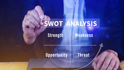 SWOT analysis concept, Businessman drawing swot analysis strategy diagram, Strength and weakness,...