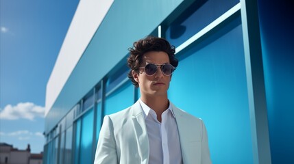 Man in White Suit and Sunglasses Standing in Front of Building - obrazy, fototapety, plakaty