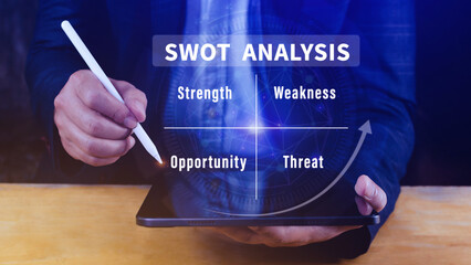 SWOT analysis concept, Businessman drawing swot analysis strategy diagram, Strength and weakness,...