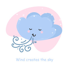 Cute cloud character. Postcard with a motivational inscription. Square. Shine. Sky. Pink background. Baby cute vector illustration.
