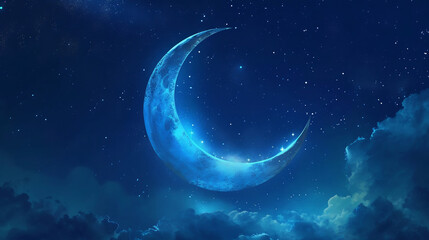 Naklejka na ściany i meble Ramadan background featuring a crescent moon and stars against a midnight blue sky