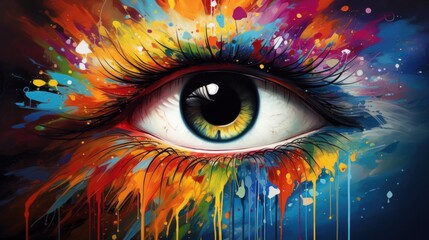 Close up on a colorful paint splatters eye. Generative AI - obrazy, fototapety, plakaty