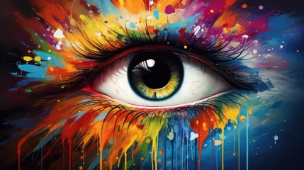 Fotobehang Close up on a colorful paint splatters eye. Generative AI © wikkie